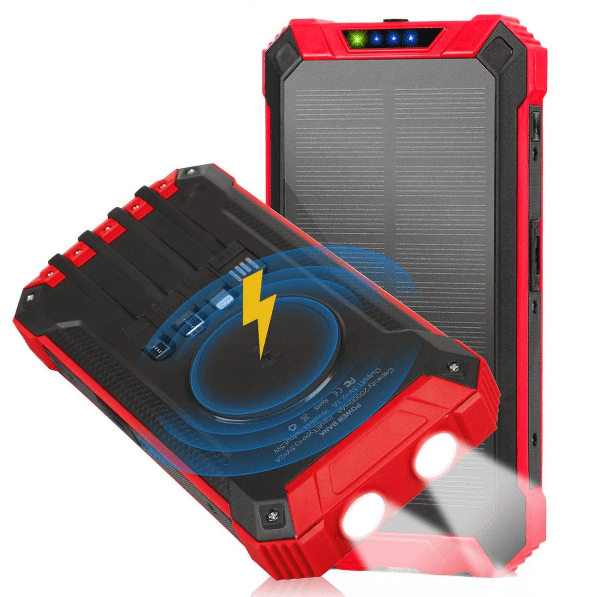 Solar power bank 20000mah built-in 4 cables qi wireless charger for ulefone armor 9 with led flashlight solar portable external battery ipx4 waterproof 15w 5v/3a usb c port 6 outputs 3 inputs