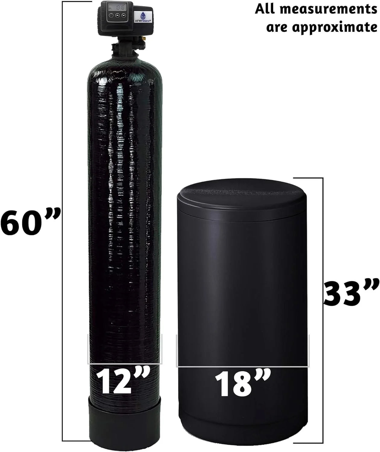 Afwfilters 2 cubic foot 64k whole home iron pro water softener with fine mesh resin,1" stainless steel fnpt connection, and black tanks