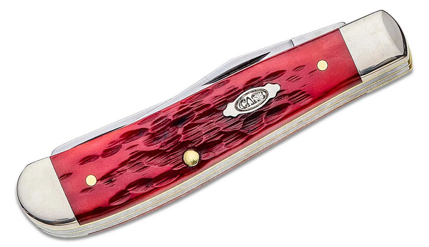 Case xx knives peach seed jigged dark red bone mini trapper carbon steel pocket knife 31952