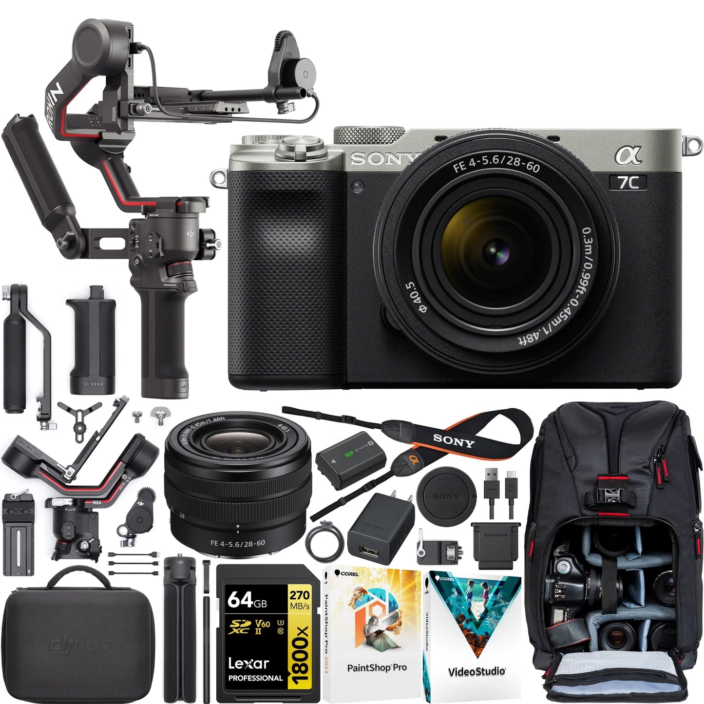 Sony a7c mirrorless full frame camera body with 28-60mm lens silver ilce-7cl/s filmmaker's bundle including dji rs 3 combo gimbal stabilizer kit + deco gear photography backpack + 64gb card &software