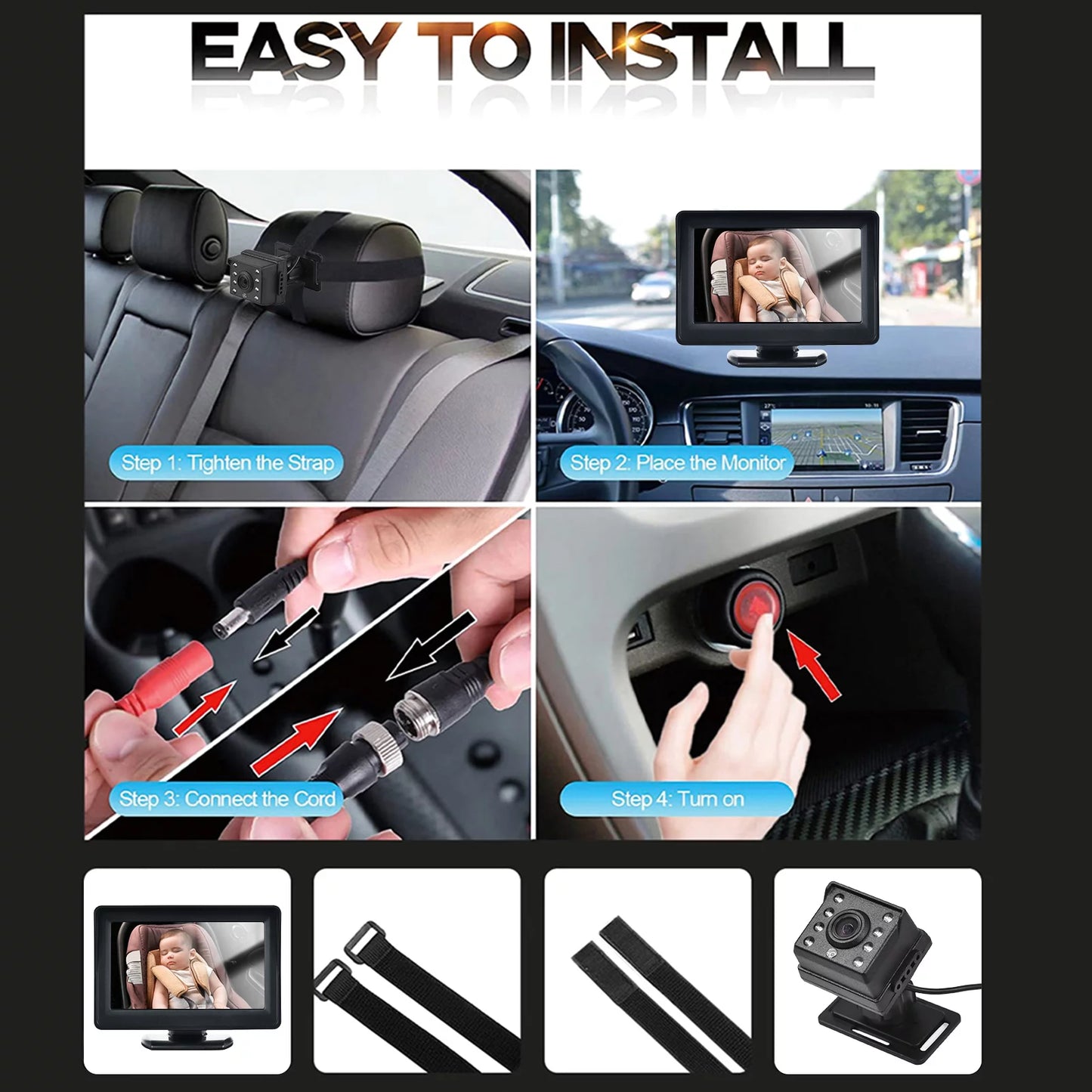 Arealer car monitor 1080p monitor for rear facing seat 4.3 inch car seat mirror display 150° wide view car mirror easy installation