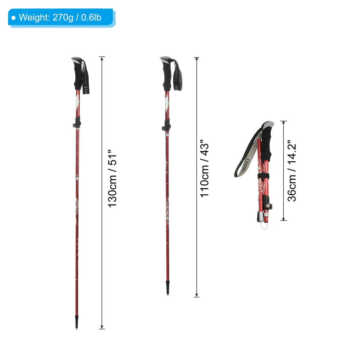 Uxcell trekking poles, collapsible hiking pole 51 inch aluminum alloy, red