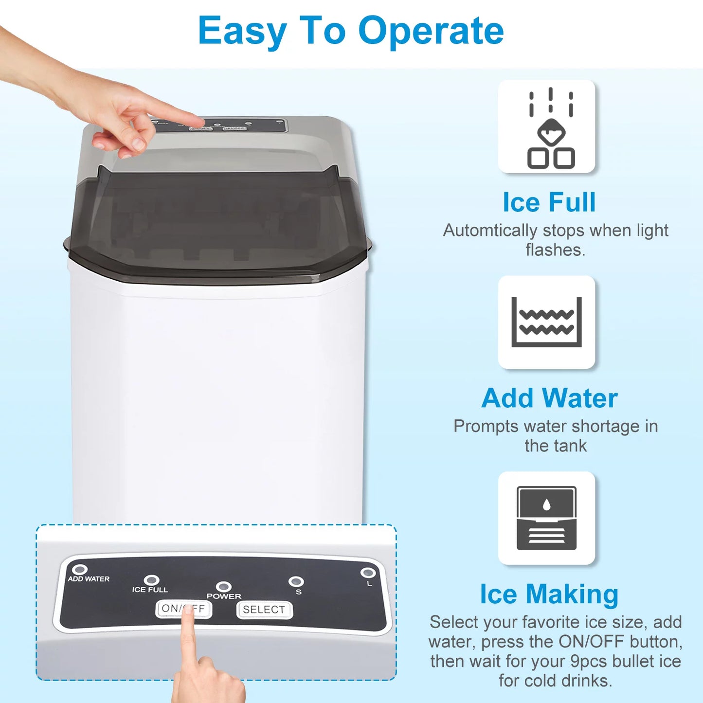 Countertop ice maker, imountek electric ice making machine 6 mins 9 s/l bullet ice, max 33lbs/24hrs, portable ice maker with self-cleaning, ice scoop, and basket, for home/kitchen/office/party/bar/rv