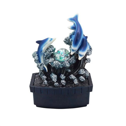 11 in. polyresin dolphins tabletop fountain, blue