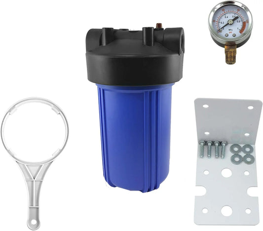 1 pack 10" bb blue whole house  system filter housing 1" npt brass ports w/pressure release, pressure gauge, wrench  bracket