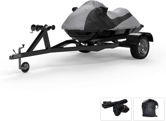 Custom fit weatherproof jet ski covers full for sea doo gtx with touring seat 1995-1996 - gray/black - trailerable - protect from all weather - rain & sun - free trailer straps & bag