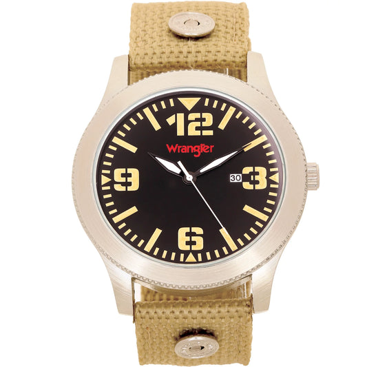 Wrangler 48mm round black dial, natural wheat colored nylon strap watch