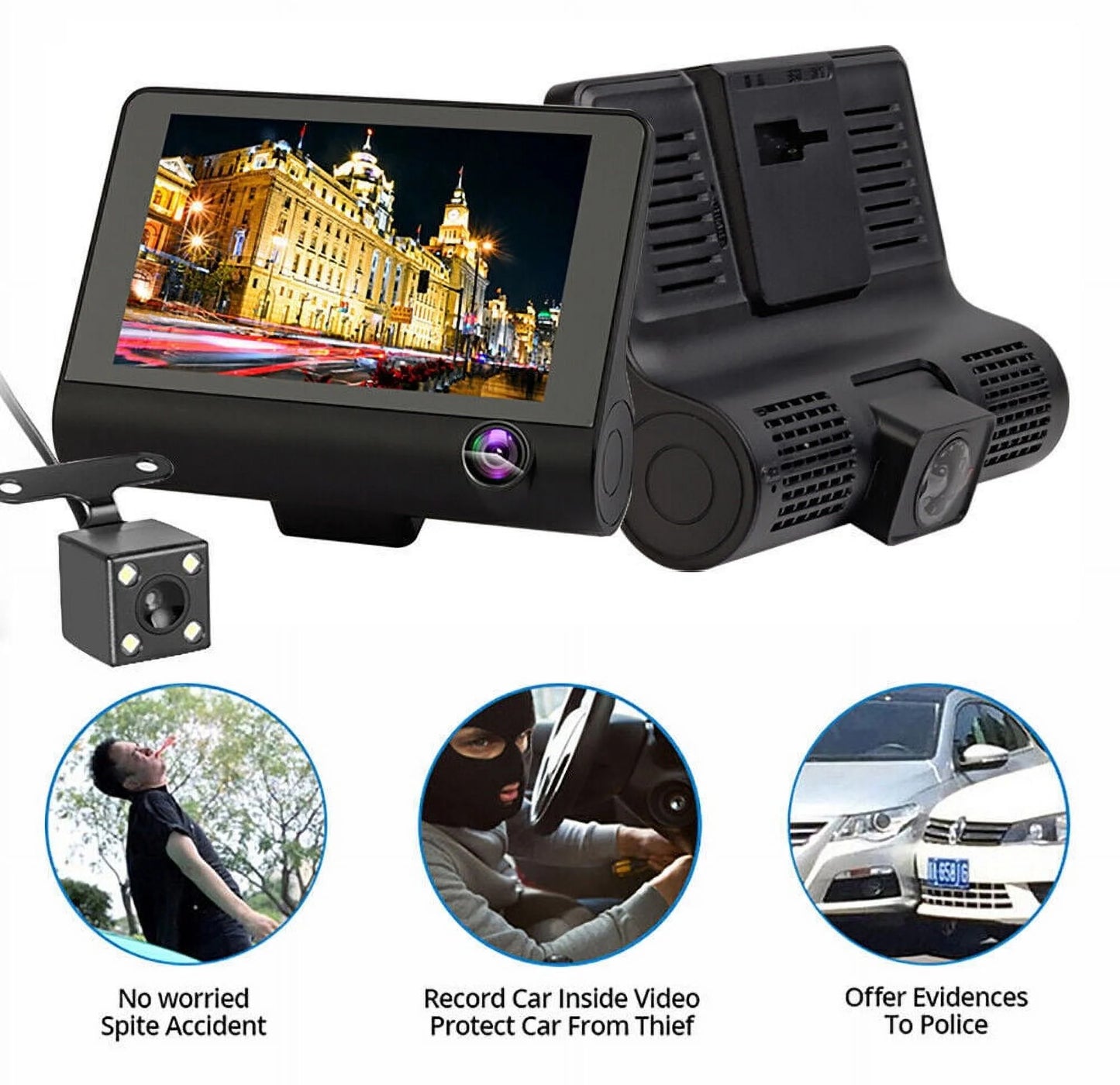 Xhy car dual lens dash cam 1080p 4" hd dvr front/rear/built-in video camera driving recorder g-sensor, motion detection and parking monitoring