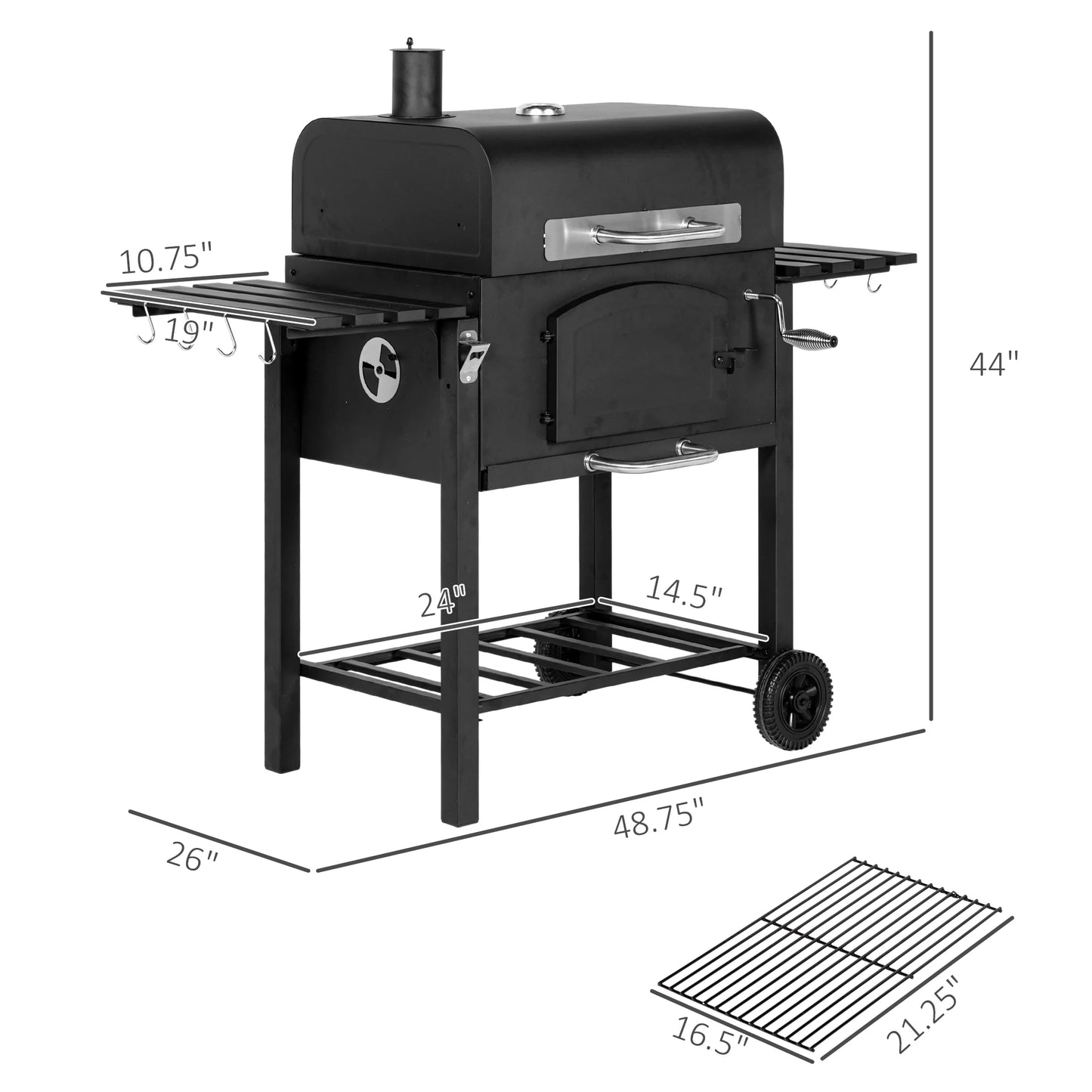 Cosotower charcoal grill, bbq with adjustable height, portable barbecue with folding shelves, thermometer, bottle opener & wheels for outdoor camping, picnic, patio, backyard, black