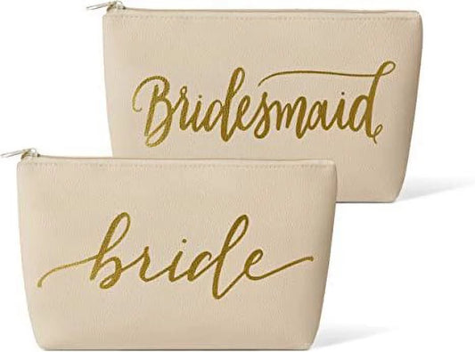 Samantha margaret - set of 11 bride and bridal party faux leather makeup bags for bachelorette parties, weddings and bridal showers - cream beige