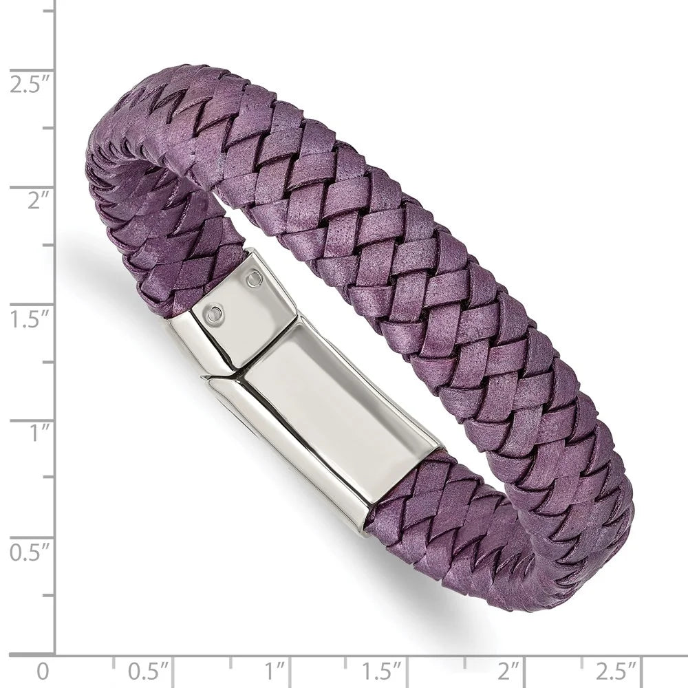 Stainless steel bracelet cord, leather & rubber women's 16 mm 7.5 in chisel polished metallic purple braided