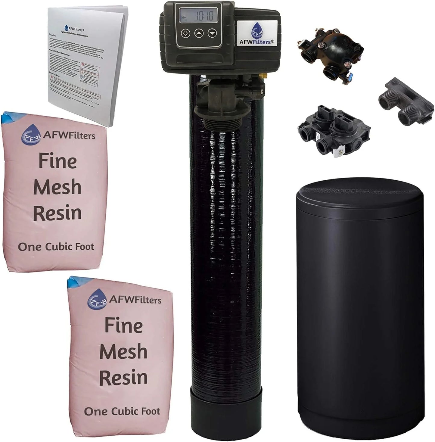 Afwfilters 2 cubic foot 64k whole home iron pro water softener with fine mesh resin,1" plastic mnpt connection, and black tanks