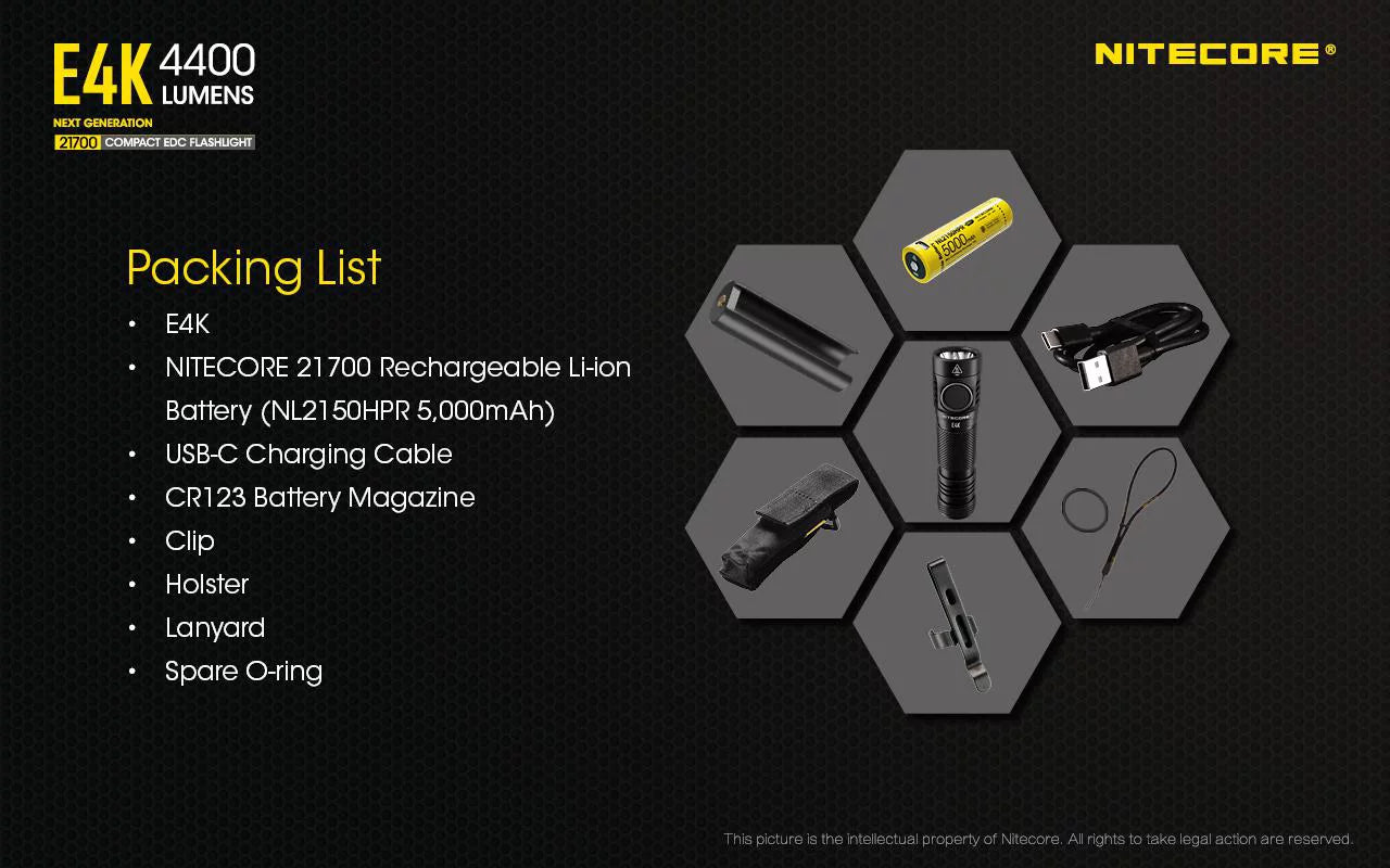 Combo: nitecore e4k next generation flashlight - 4400lm w/nl2150hpi  and  nl2150hpr batteries +a1 magnetic charger  and  eco-sensa usb cord