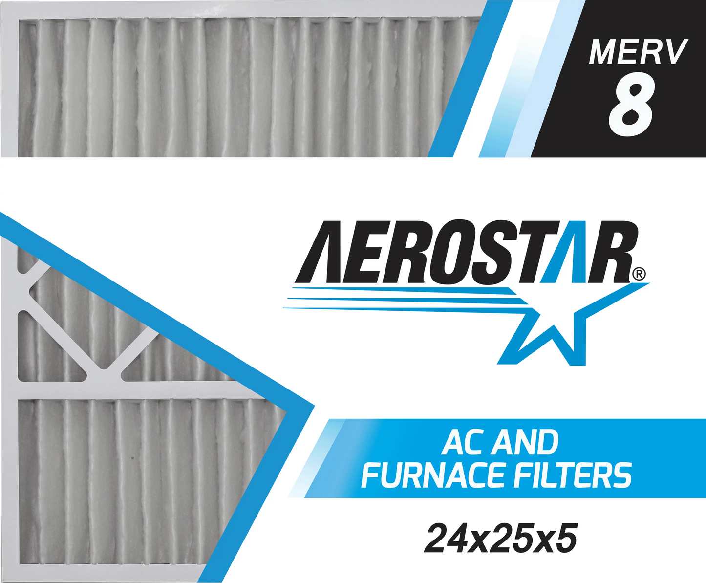 Aerostar 24x25x5 merv  8, carrier replacement pleated air filter, 24x25x5, box of 2