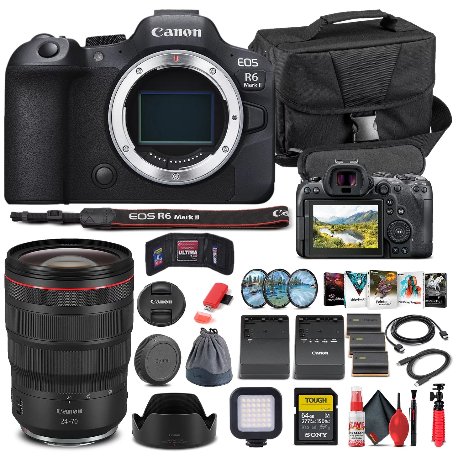 Canon eos r6 mark ii mirrorless camera (5666c002) + canon rf 24-70mm lens + 64gb memory card + case + corel photo software + 2 x lpe6 battery + external charger + card reader + more