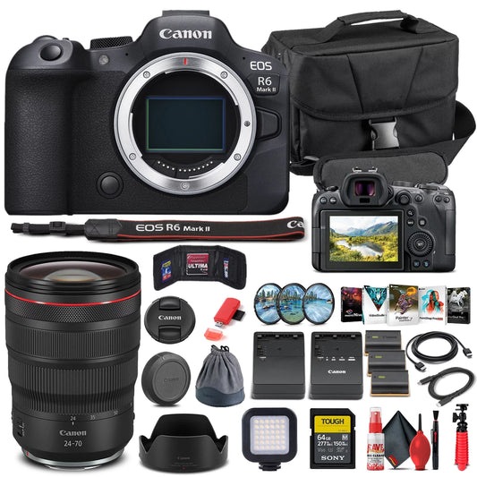 Canon eos r6 mark ii mirrorless camera (5666c002) + canon rf 24-70mm lens + 64gb memory card + case + corel photo software + 2 x lpe6 battery + external charger + card reader + more