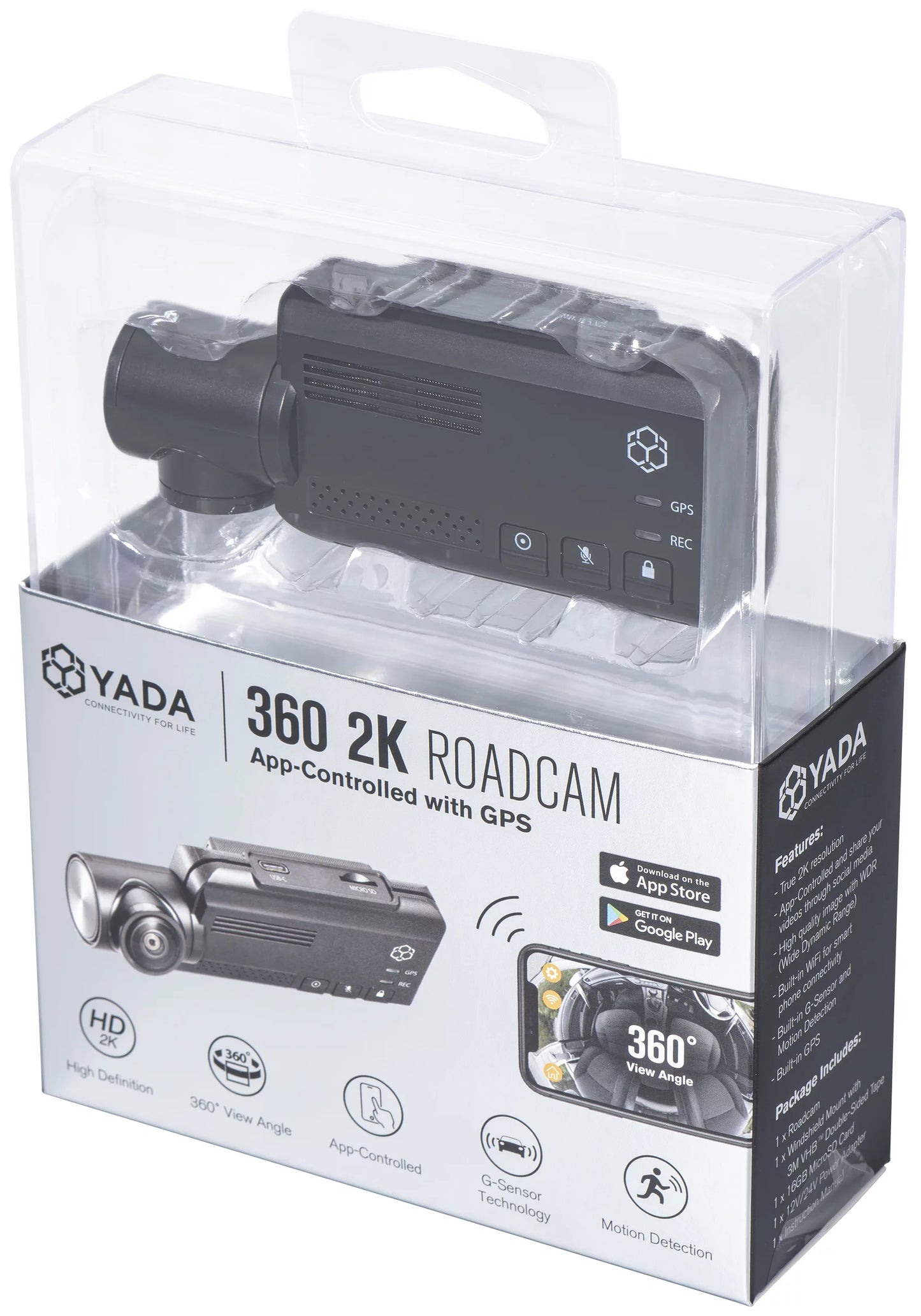 Yada 2k 360° roadcam pro - qhd 2k compact dashcam with app control, built-in gps, 4-in-1 split screen recording, 16gb sd card included, black