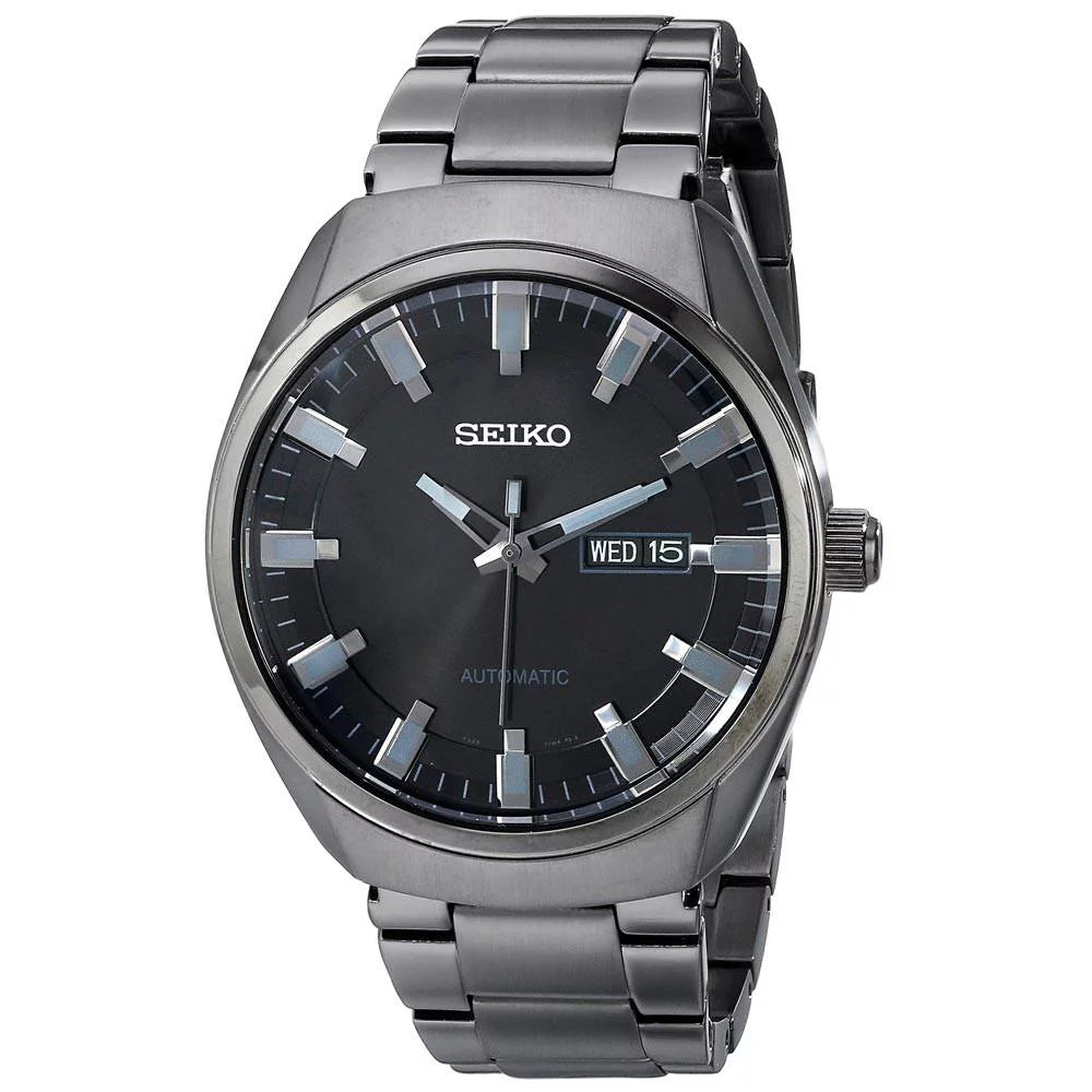 Seiko men's recraft automatic black dial black ion-plated watch snkn43