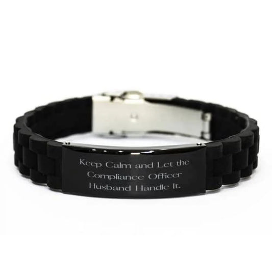 Amangny keep calm and let the compliance officer husband. black glidelock clasp bracelet, husband engraved bracelet, motivational for husband