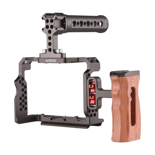 Andoer aluminum alloy camera cage kit with video rig handle wooden grip replacement for sony a7r iii/ a7 ii/ a7iii