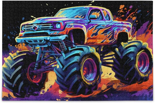 500 pcs neon monster truck jigsaw puzzle, paper wood composite material zigsaw with storage bag, puzzle for adults, fun challenging brain exercise family game gift for kids friends parents