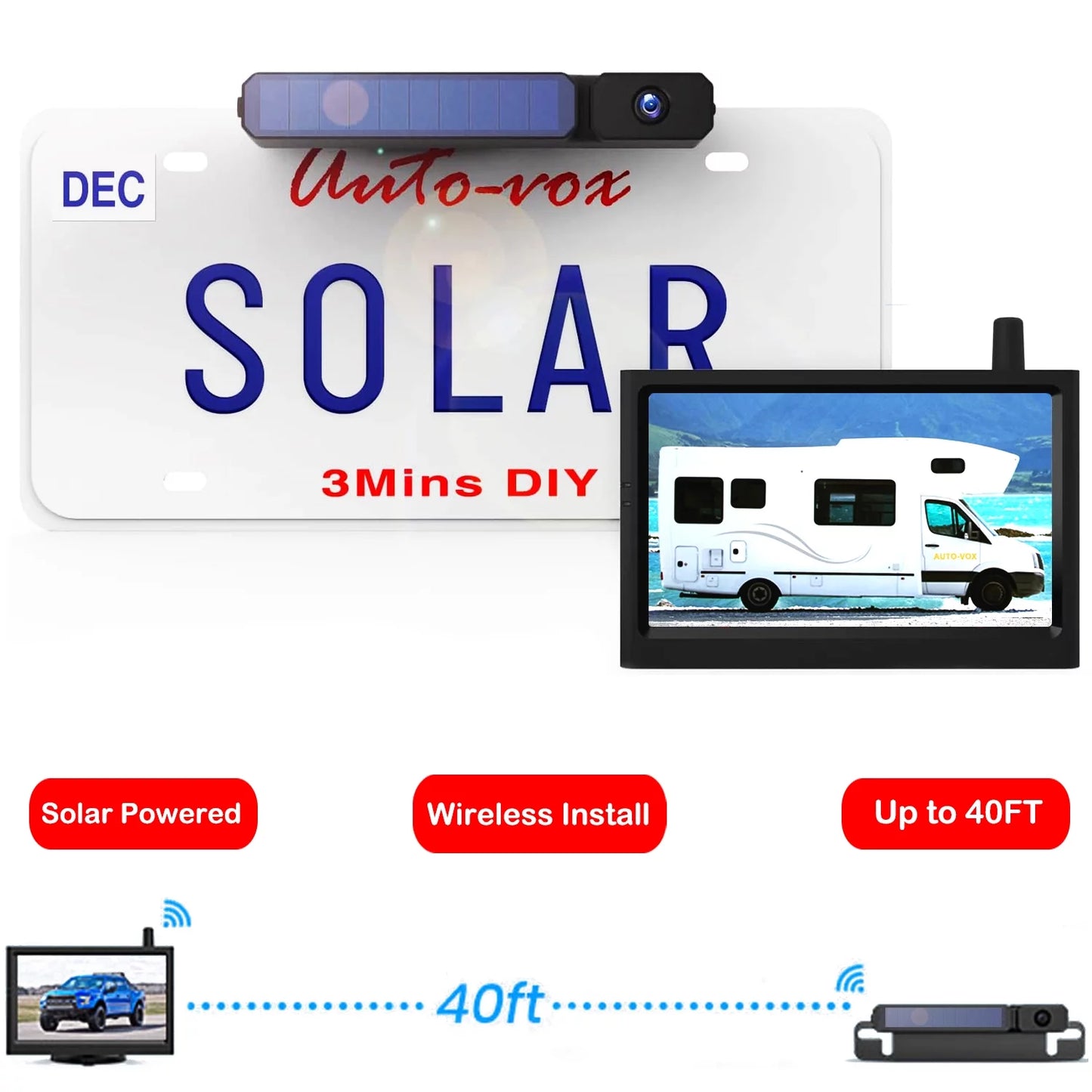 Solar wireless backup camera systems for campervan,trailer rear view backup reverse camera with 3350mah built-in battery