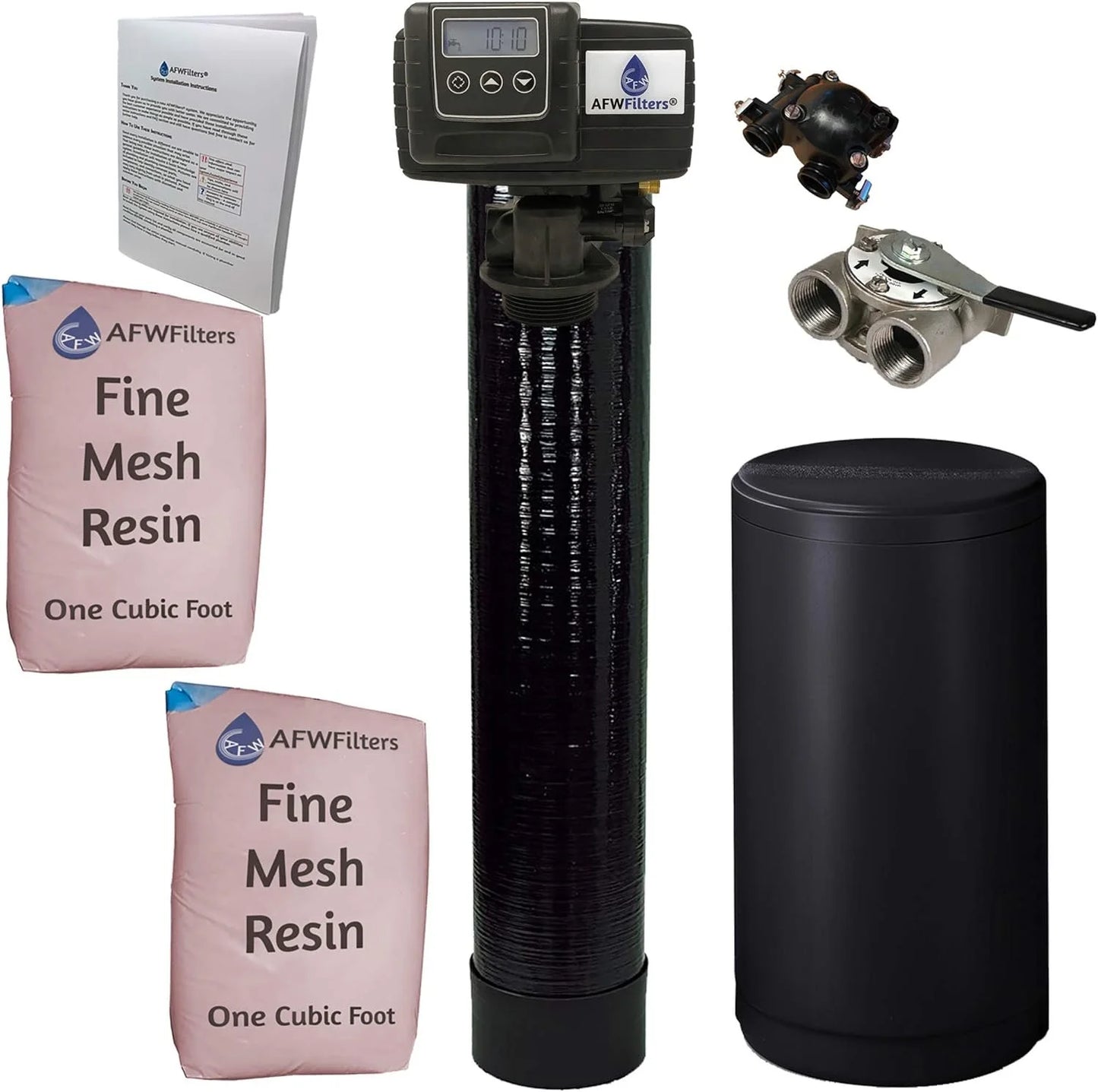 Afwfilters 2 cubic foot 64k whole home iron pro water softener with fine mesh resin,1" stainless steel fnpt connection, and black tanks