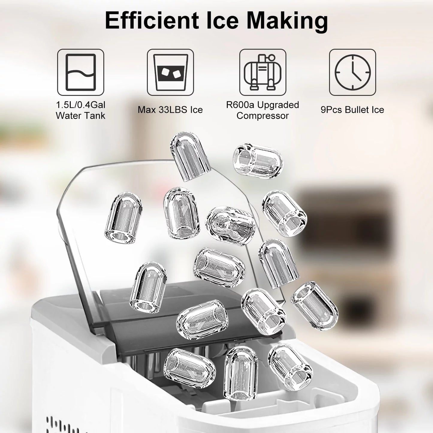 Countertop ice maker, imountek electric ice making machine 6 mins 9 s/l bullet ice, max 33lbs/24hrs, portable ice maker with self-cleaning, ice scoop, and basket, for home/kitchen/office/party/bar/rv