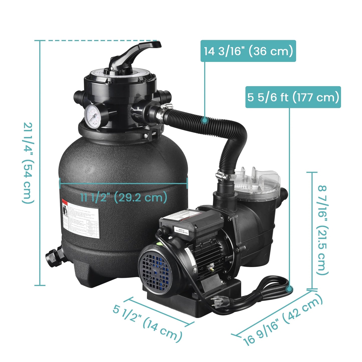 Yescom 12" sand filter pump for above ground pool 4-way valve 2640gph 3/4hp w/ strainer