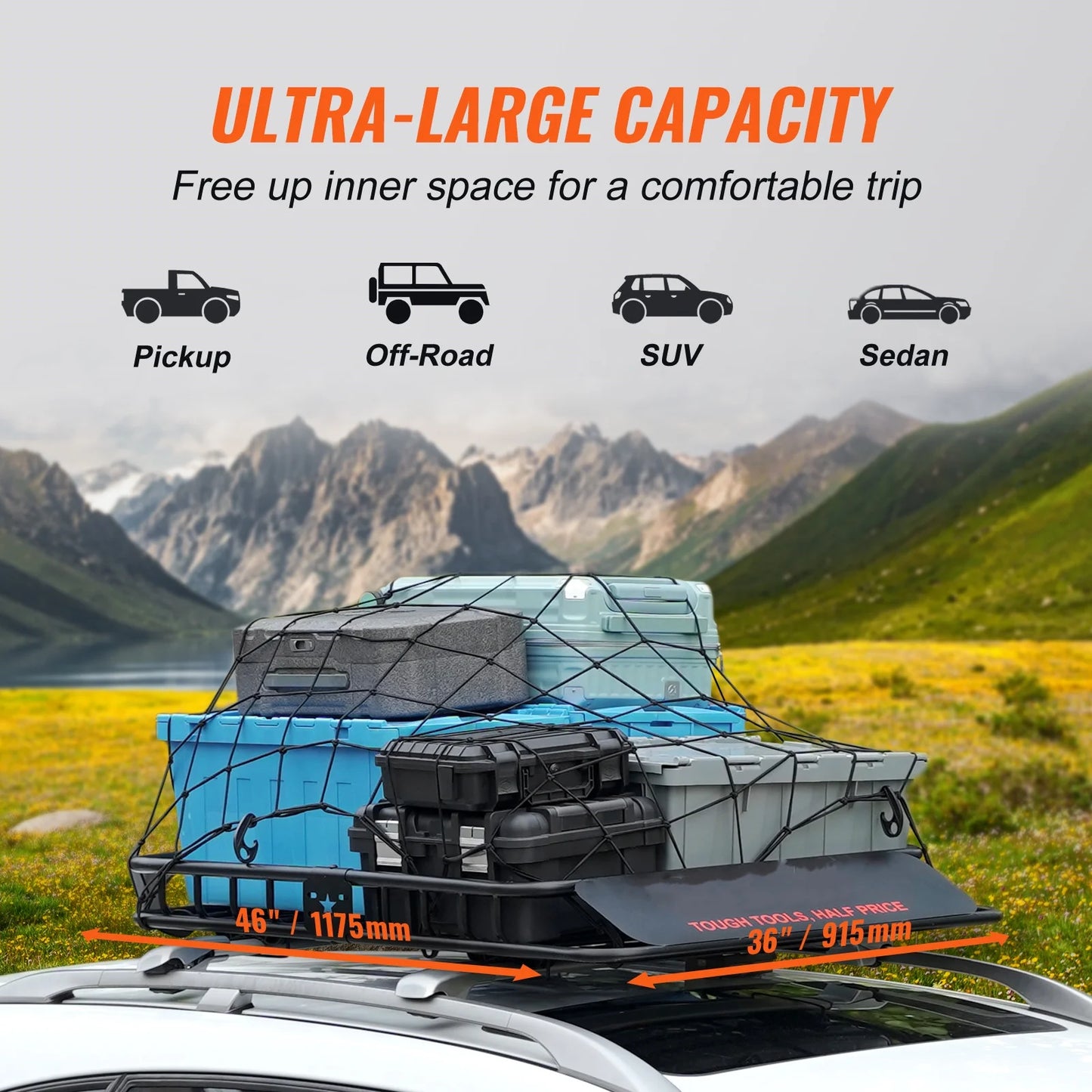 Bentism roof rack cargo basket 200 lbs capacity 46"x36"x4.5" heavy duty car top holder for suv truck