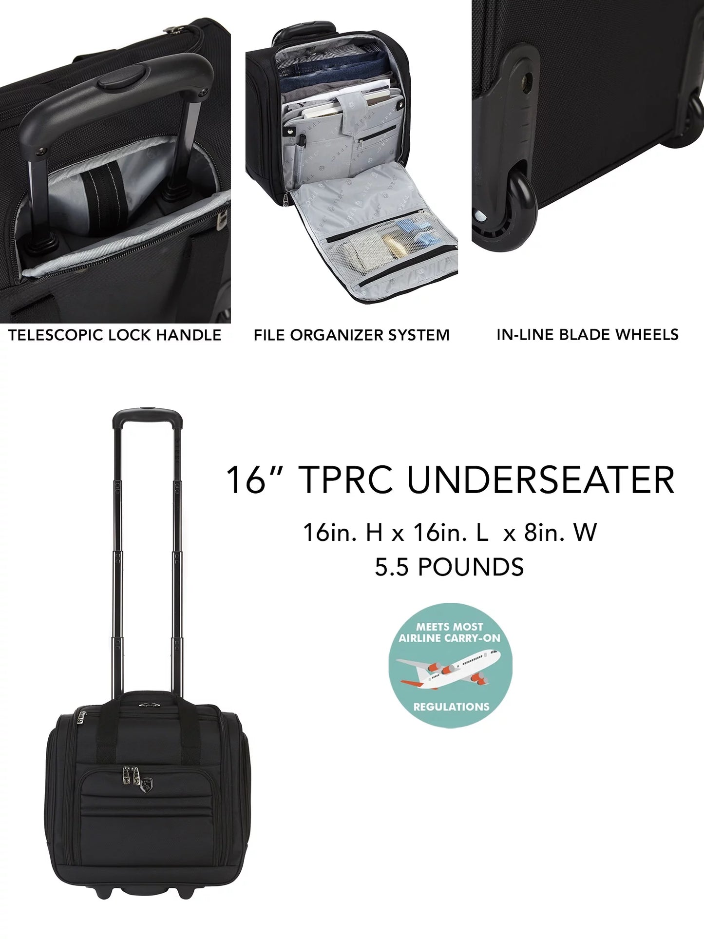 Tprc 16" rolling underseat carry-on luggage black