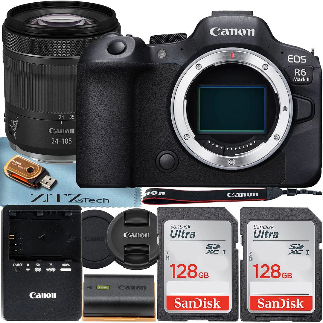 Canon eos r6 mark ii mirrorless camera with rf 24-105mm f/4-7.1 is stm lens + 2 pack sandisk 128gb memory card + zeetech accessory bundle