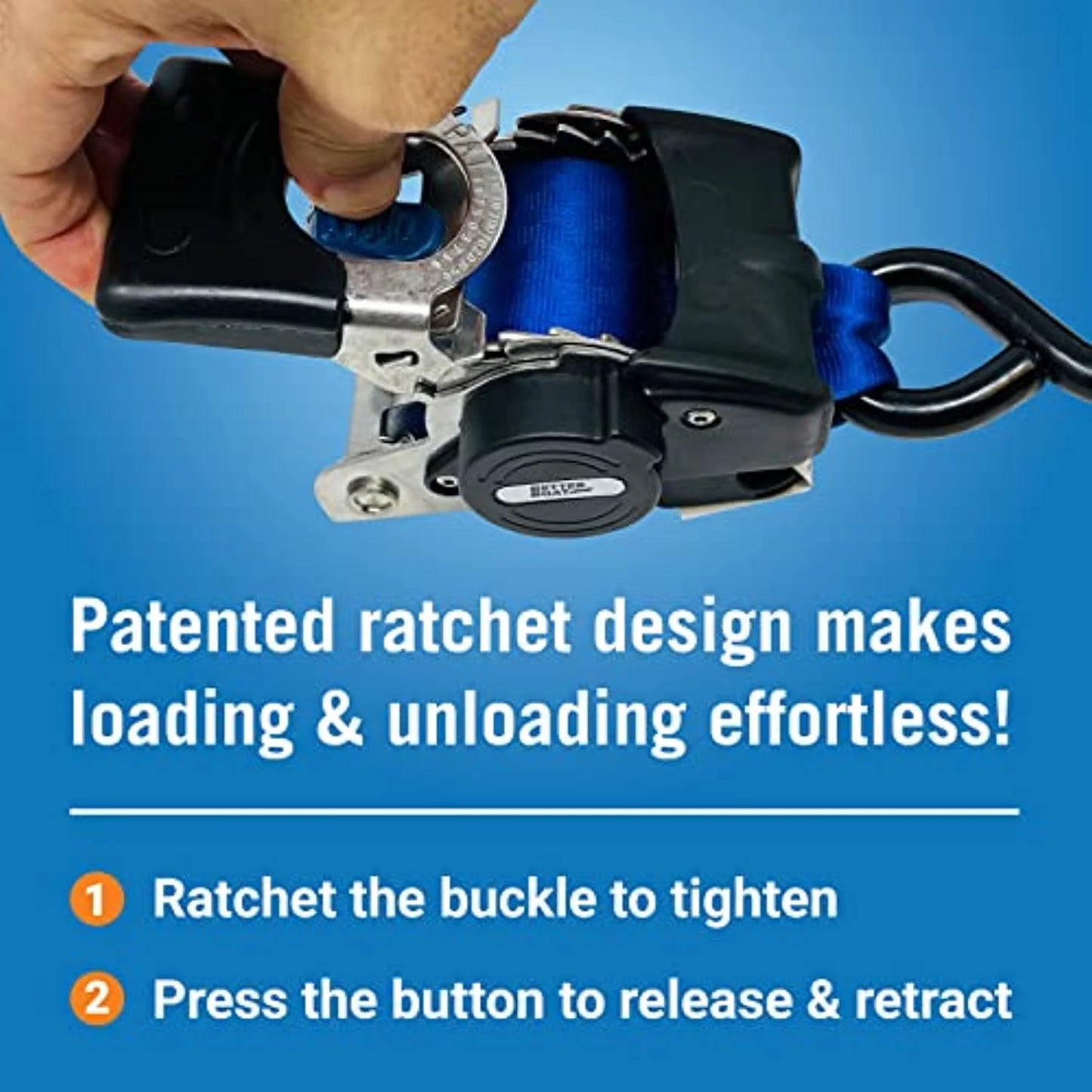 2x43 blue stainless retractable ratchet straps - heavy duty set with mounting brackets & bolts - self-retracting buckle for cargo