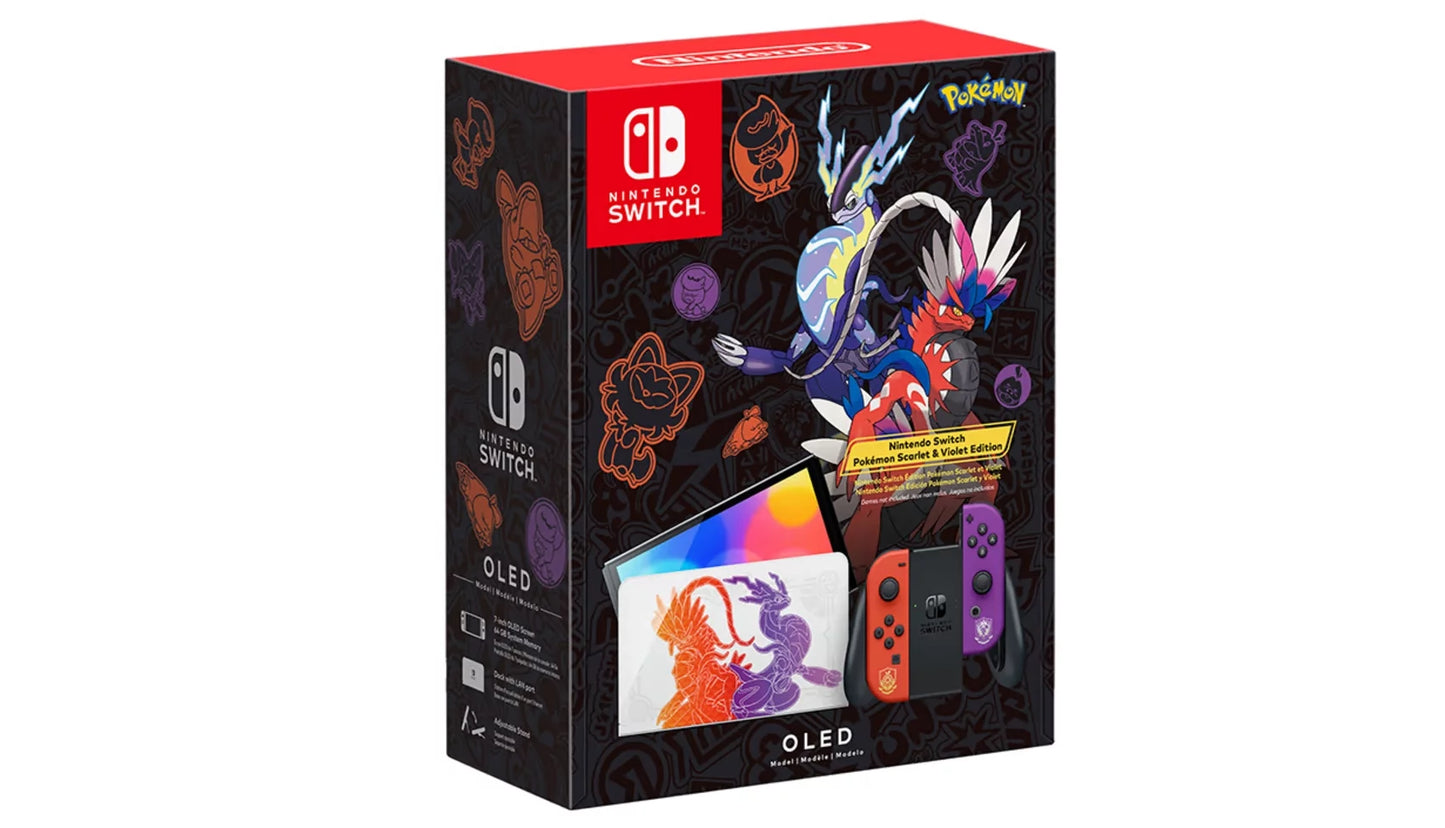 2022 nintendo switch oled model pokemon scarlet & violet limited edition, pokemon illustrations 64gb console, koraidon and miraidon glossy white dock, pokemon scarlet game and mytrix accessories