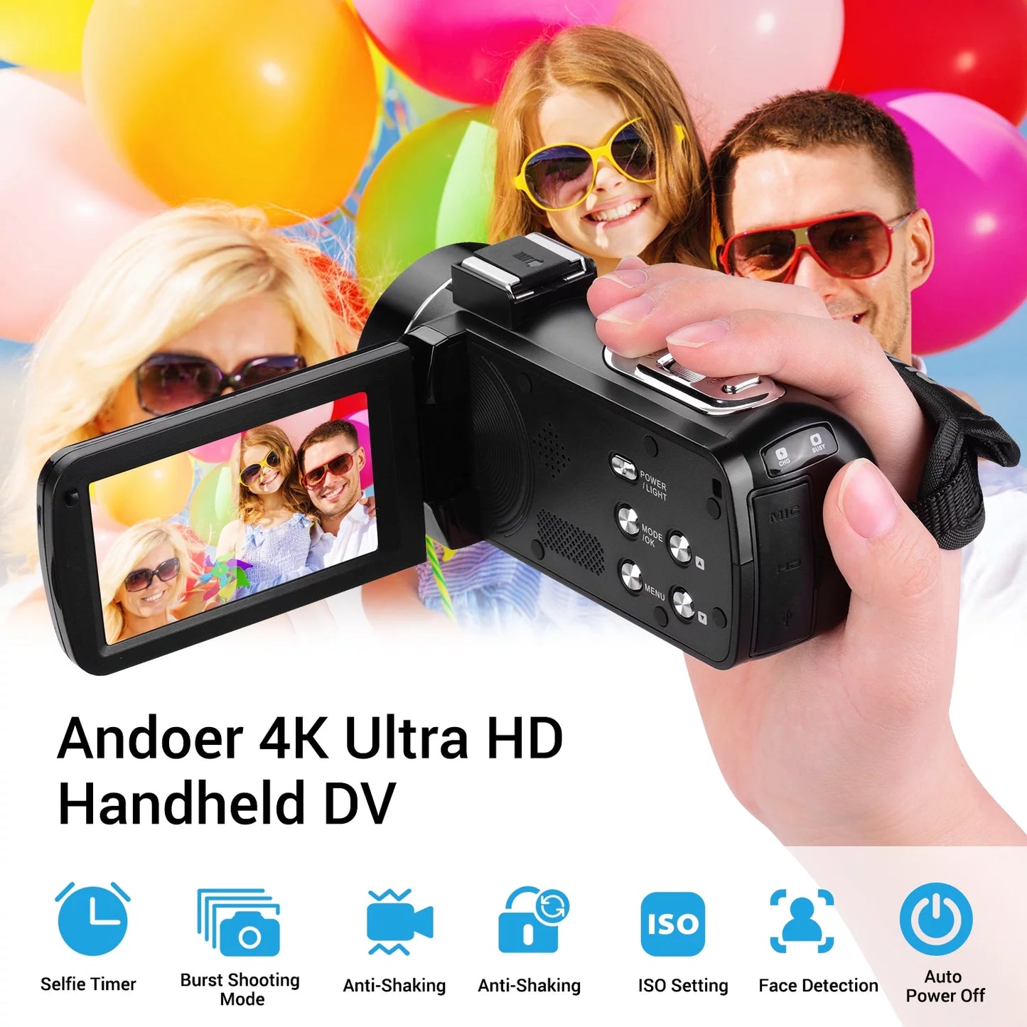 Andoer 4k handheld dv professional digital video cmos sensor camcorder with hot shoe for mounting microphone 3.0 inch ips monitor burst -shaking function