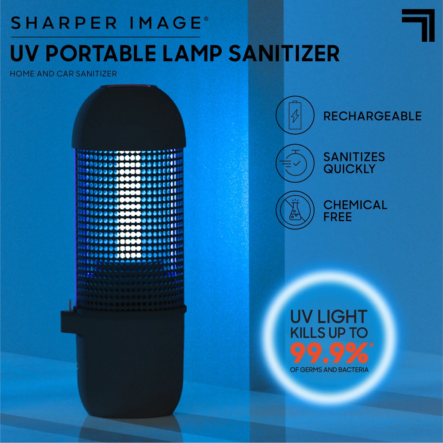 Sharper image sanitizing uv travel lamp, portable and compact ultraviolet light, disinfect and clean phones keyboard kid’s toys, removes 99.9% of germs and bacteria, no residue or surface damage