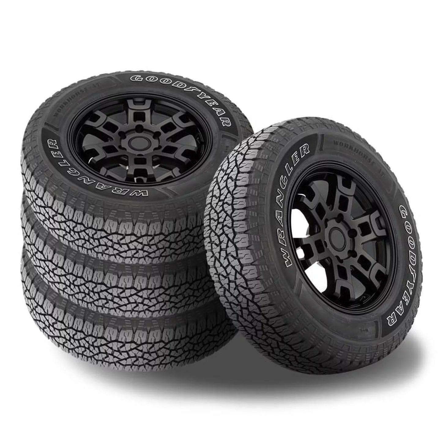 Set of 4 goodyear wrangler workhorse a/t 225/65r17 102t owl tires, all terrain, 3pmsf 480757856 / 225/65/17 / 2256517 fits: 2014-23 chevrolet equinox lt, 2007-16 honda cr-v ex-l