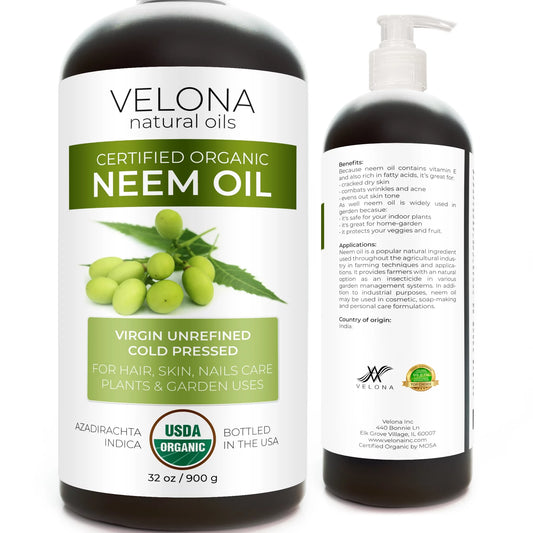 Velona neem oil usda certified organic - 32 oz | 100% pure and natural carrier oil | virgin, unrefined, cold pressed | hair, body and skin care | use today - enjoy results