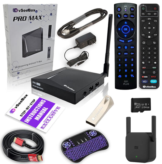 2024 new vseebox pro max bundle with remote control, 8k hdmi cable, 64gb tf card, 64gb usb drive, wifi extender, backlit keyboard, detailed setup guide - android 11, 4gb ram, 32gb storage