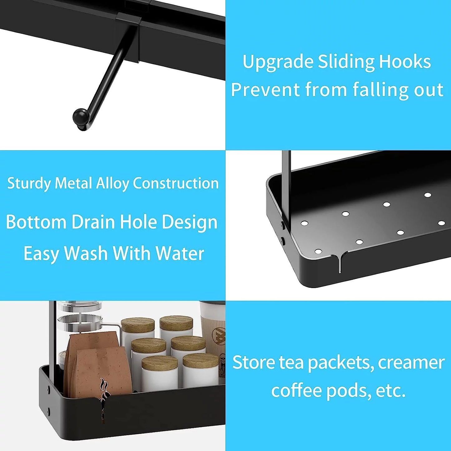 Boivshi coffee cup mug holder with movable hooks,2 tier mug tree holder rack with storage base coffee cup holder for countertop, black 16 hooks