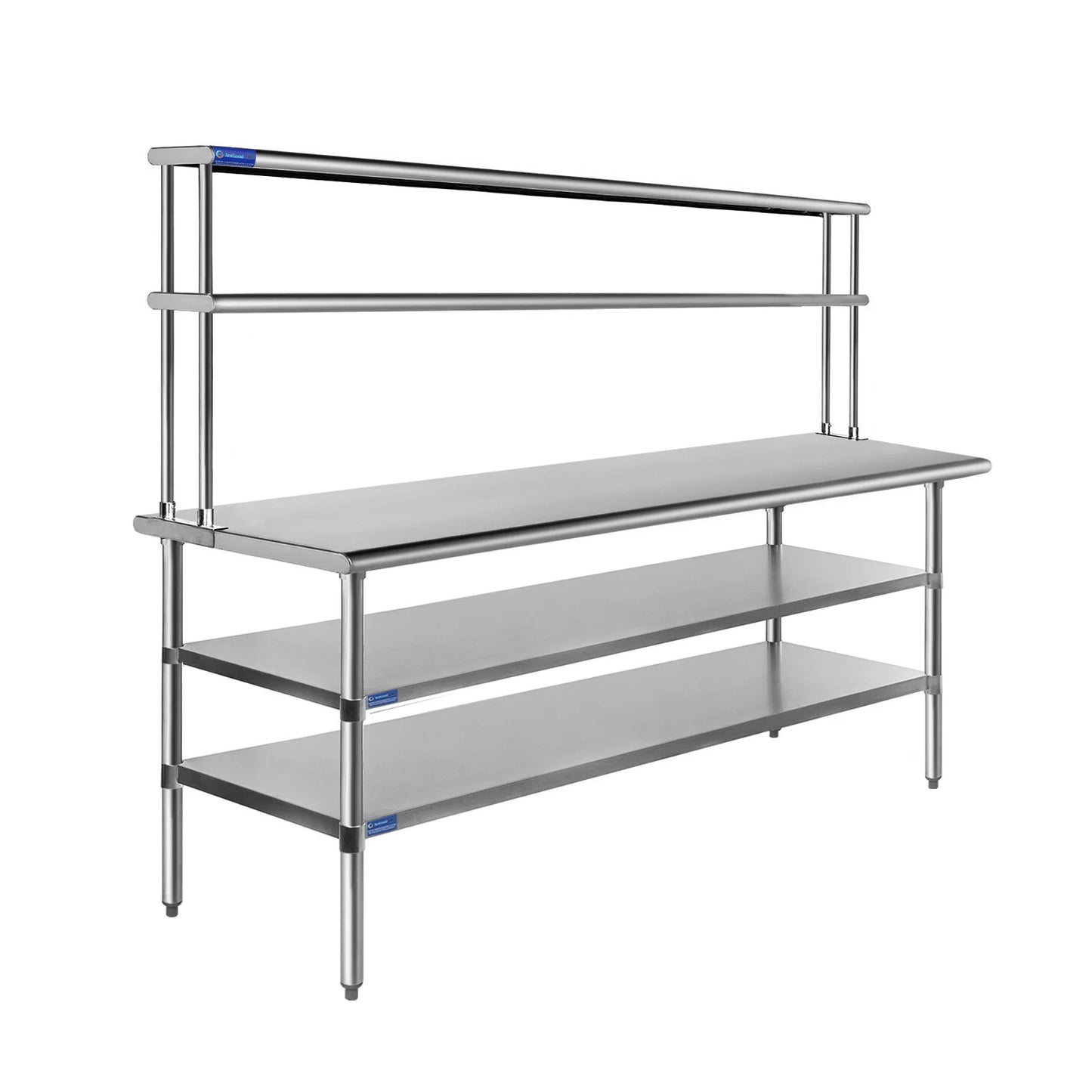 30" x 72" stainless steel work table with two shelves | 12" wide double tier overshelf | metal kitchen prep table & shelving combo