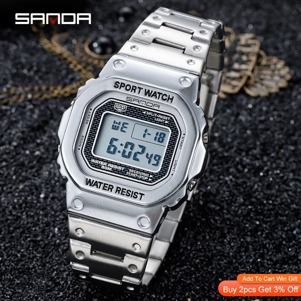 Sanda top brand luxury men&#39;s watches led digital watch men 5atm casual waterproof wristwatch steel clock relogio masculino 390 - digital wristwatches