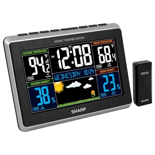 Sharp weather station with easy to read color display - wireless indoor outdoor thermometer and humidity, atomic clock, alarm and calendar, 12 hour forecast, ac or battery powered