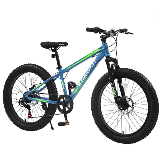 24 inch fat tire bicycle, 7 speed mountain bike, dual disc brake, front suspension, mountain trail bike, adjustable seat, blue