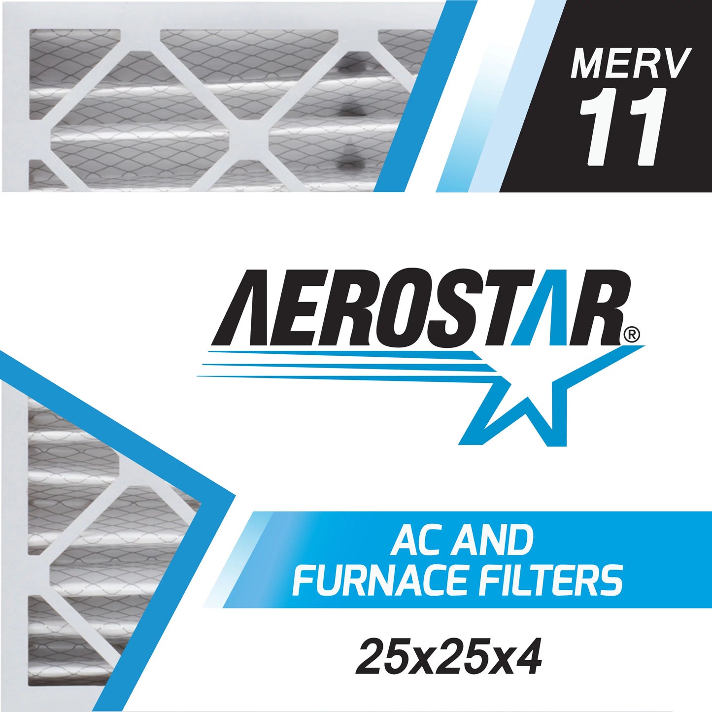 Aerostar 25x25x4 merv  11, pleated air filter, 25 x 25 x 4, box of 6, made in the usa