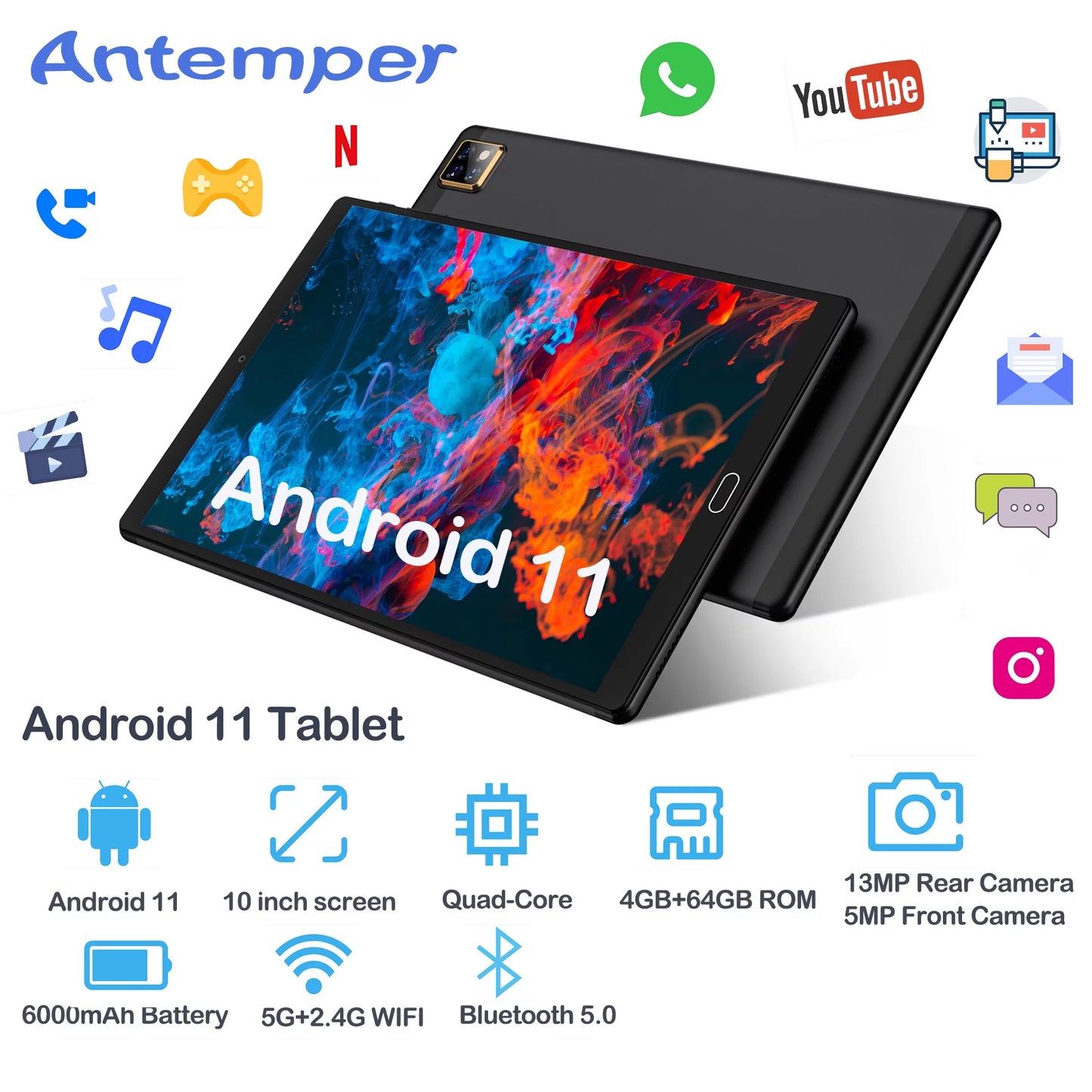 10 inch tablet android 11 tablets  with keyboard, 4gb ram 64gb rom 128gb expand, 5g/2.4g wi-fi, hd ips display, 6000mah tablet pc with case,mouse,gms certified,black