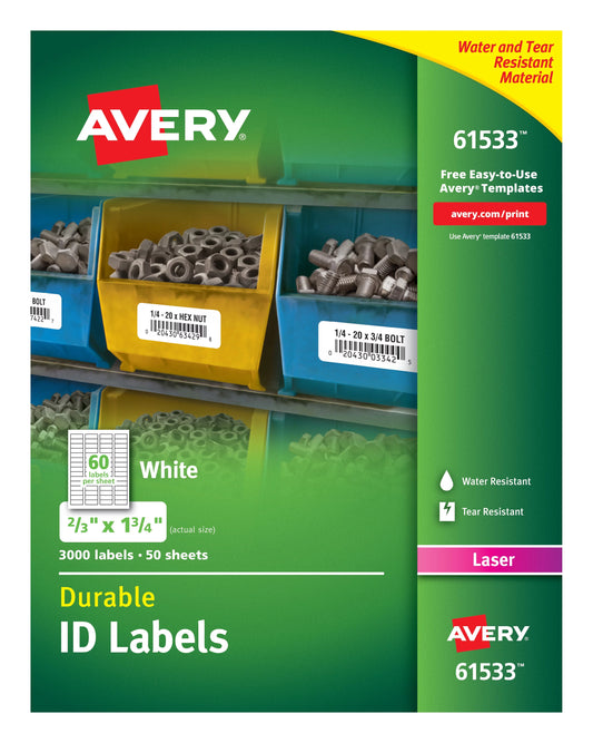 Avery durable id labels, trueblock technology, permanent adhesive, 2/3" x 1-3/4", 3,000 labels (61533)