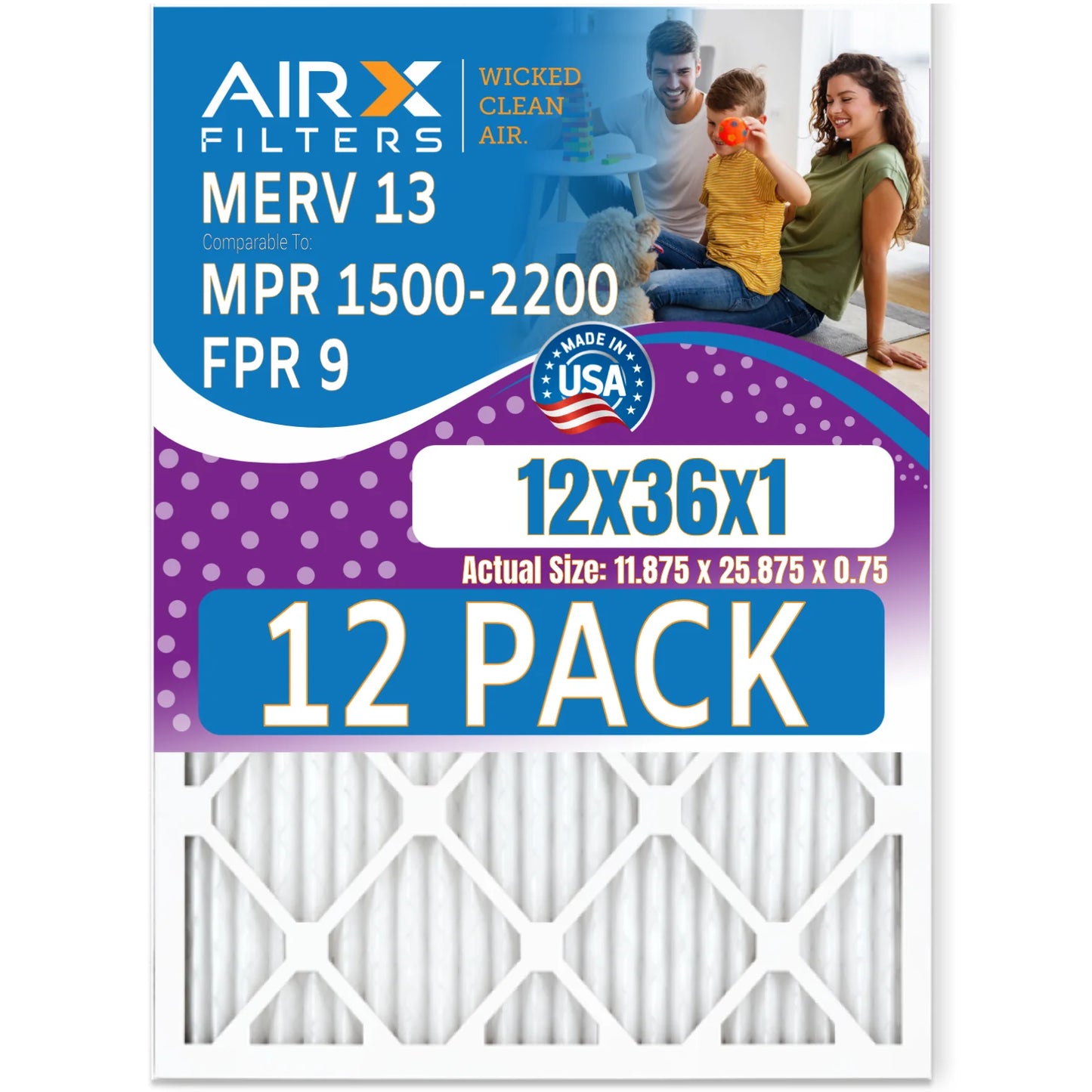 12x36x1 air filter merv 13 comparable to mpr 1500 - 2200 & fpr 9 - made in usa by airx filters wicked clean air.