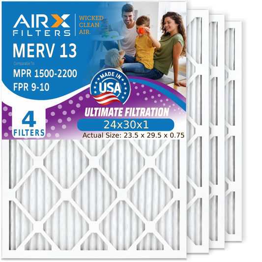 24x30x1 air filter merv 13 comparable to mpr 1500 - 2200 & fpr 9 electrostatic pleated air conditioner filter 4 pack hvac ac premium usa made 24x30x1 furnace filters by airx filters wicked clean air.