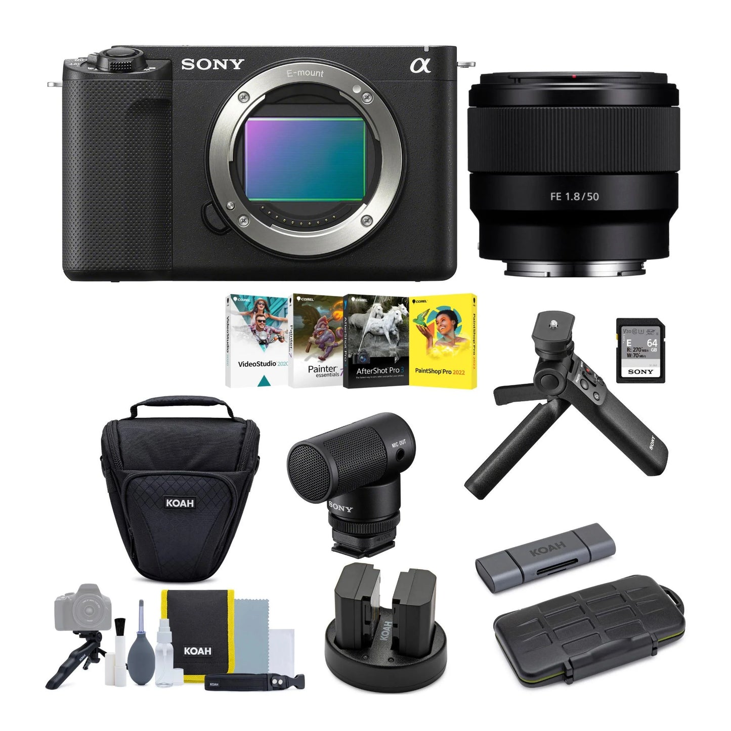 Sony alpha zv-e1 mirrorless camera with 50mm lens, grip, and mic (black) kit